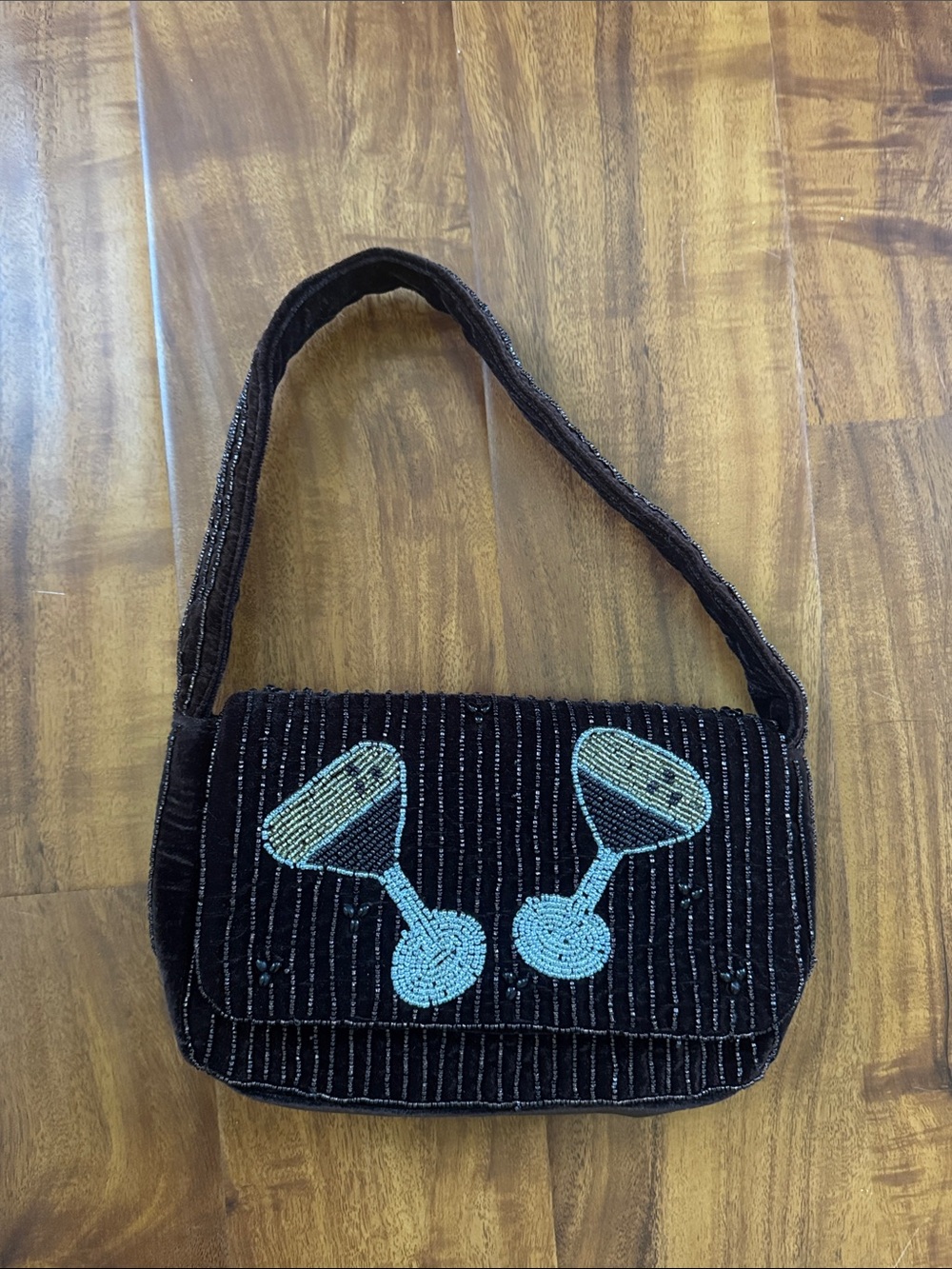 Brown Velvet Beaded Espresso Martini Applique Shoulder Bag